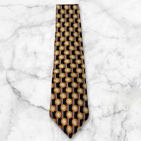 Vintage Oscar de la Renta Geometric Patterned Tie - Black and Gold - 60” - Picture 1 of 5